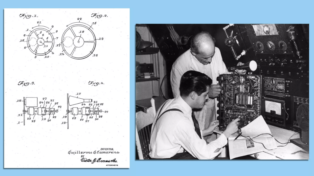 Left is the Guillermo González Camarena's chromoscopic adapter patent. On the right is a picture of Guillermo González Camarena with another person inspecting television equipment