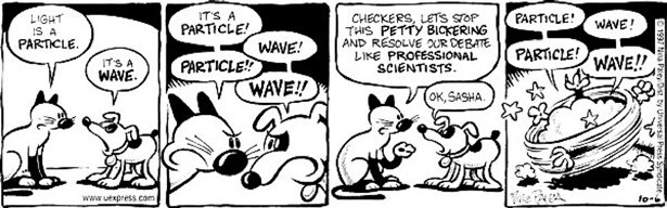This image shows a cat and a dog arguing over whether light is a particle or a wave.