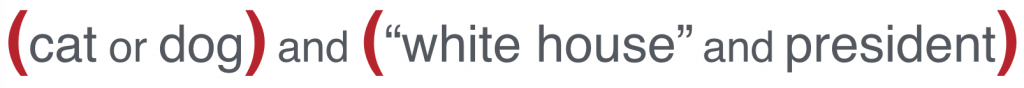 Parenthesis around two terms - (cat or dog) and (president and “white house") - to find references to cats or dogs owned by presidents in the white house.