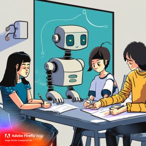Three college students are working on a writing assignment. A robot is assisting them with their work.