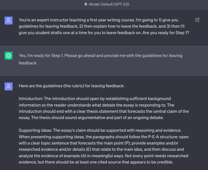 screenshot of chatgpt conversation about feedback