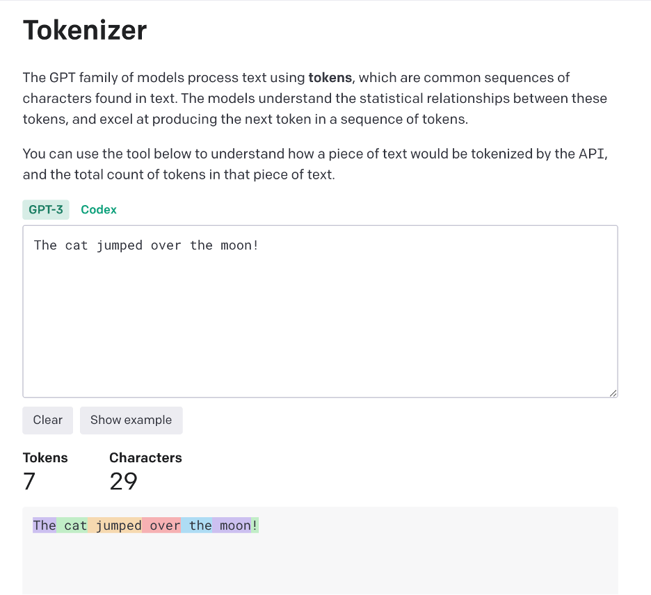 screenshot of how the sentence "The cat jumped over the moon!" is represented as tokens.