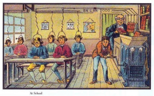 Drawn image of students with books being fed into a machine and given to students